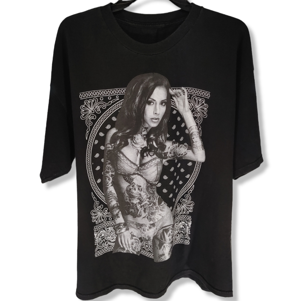 Vintage Tattoo Pinup T Shirt Mens XL XXL Black Short Sleeve Cholo Gangster Tee